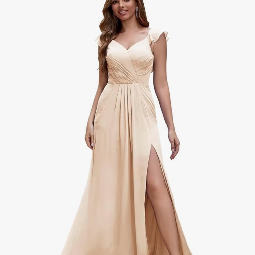 Gold Maxi Gown with Sweetheart Neckline and Flutter Cap Sleeves